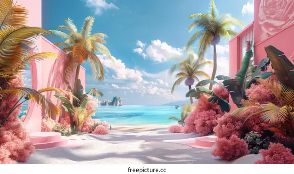 Pink Paradise Beach: Palm Trees, Turquoise Waters