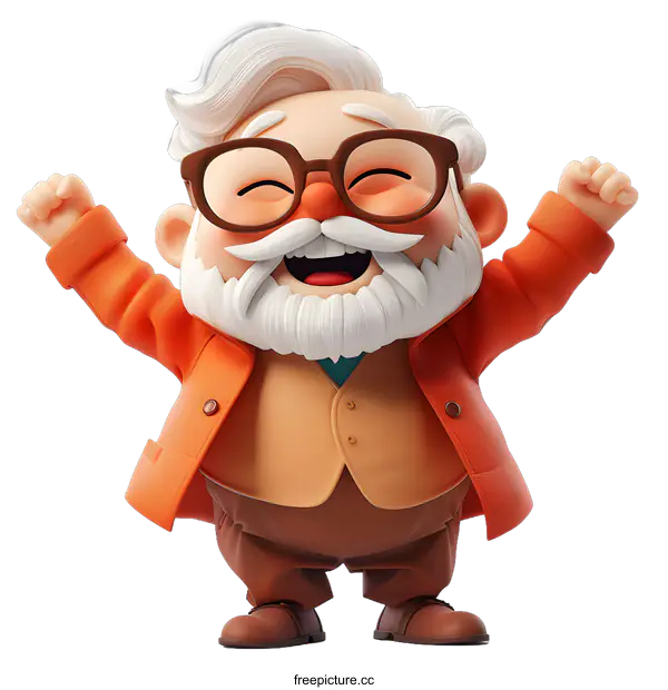 [Transparent Background PNG]Cartoon Illustration of Happy Elderly Man Wearing Glasses