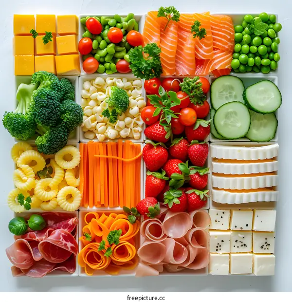 A variety of healthy food ingredients are arranged in a grid pattern on a white background. There are 12 different types of food, including fruits, vegetables, proteins, and grains.