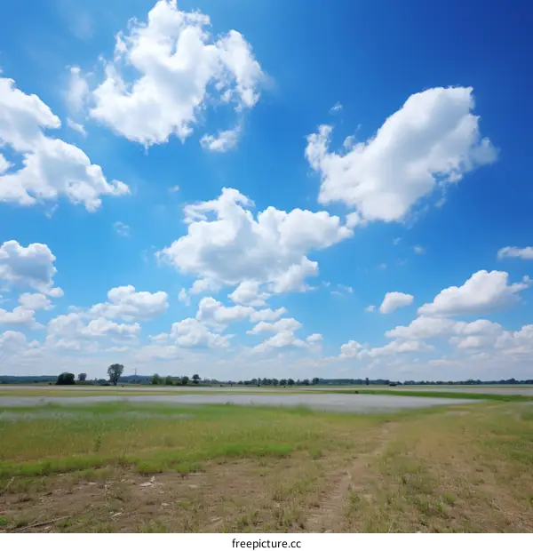 Blue sky and white clouds over a field of flowers