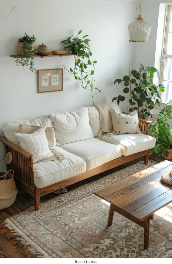 Cozy Living Room with White Sofa, Wooden Coffee Table, and Plants