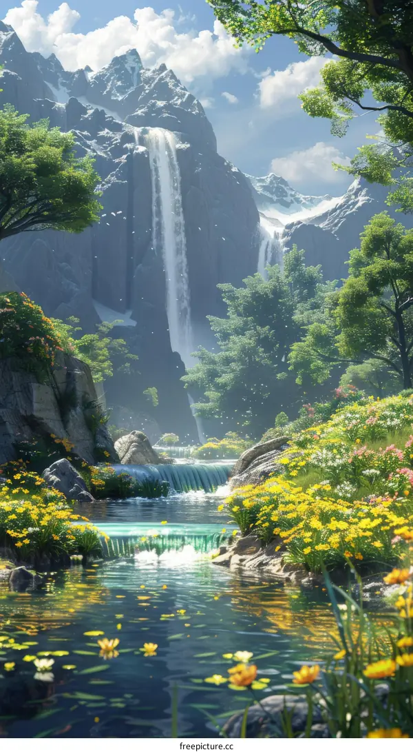 Majestic Waterfall in Lush Green Valley with Mountain Backdrop
