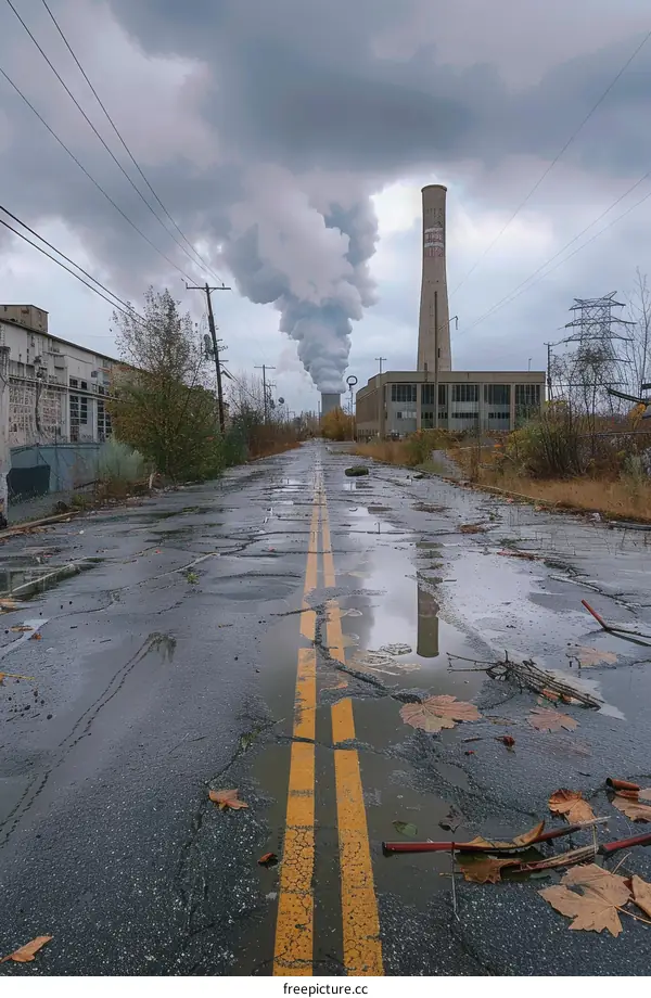 An abandoned road in an industrial area with a factory in the background