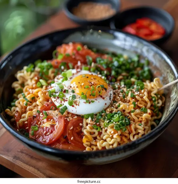 bowl of korean spicy noodles with egg and vegetables