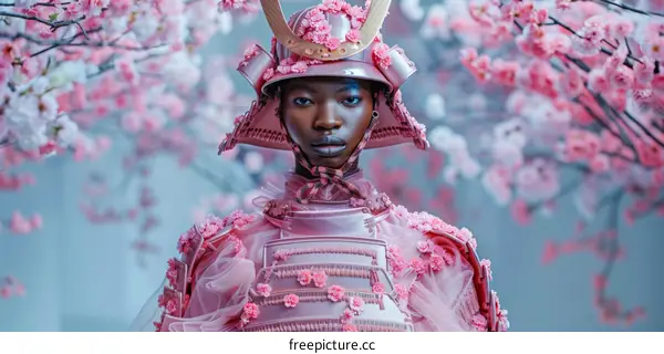 Black Woman with Pink Samurai Armor and Cherry Blossoms