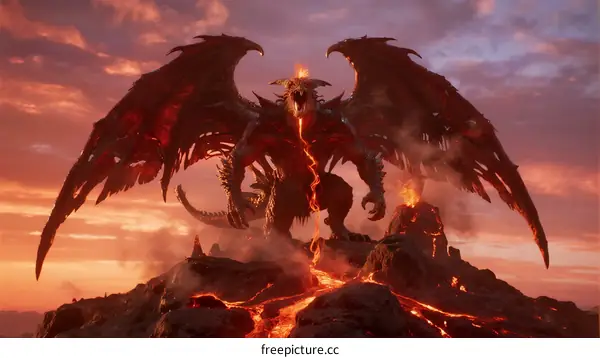 Epic Fantasy Dragon Standing on Lava Rock with Fiery Wings