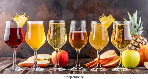 Assortment of Apple Cider with Pineapple Garnish on Wooden Table