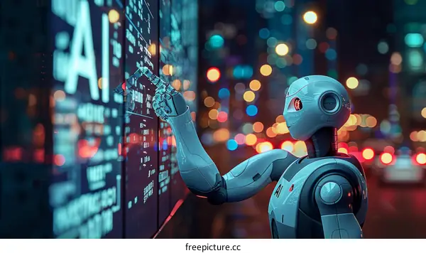 Futuristic Robot Interacting with Digital Screen in City