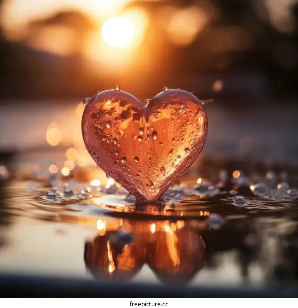 Heart melting in the water with sunset in the background