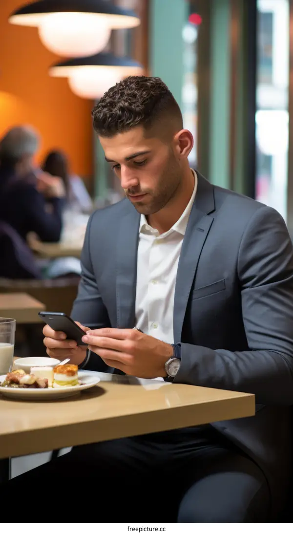 Young man in suit using smartphone in cafe