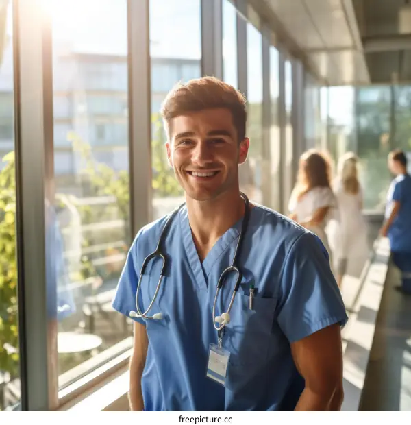 Portrait of a smiling young male doctor in a blue uniform standing in a hospital hallway