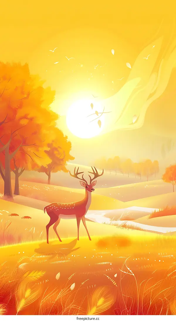 Golden Sunset Landscape with Deer in a Field