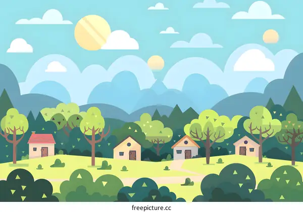 Cartoon Illustration of Green Meadows and Houses