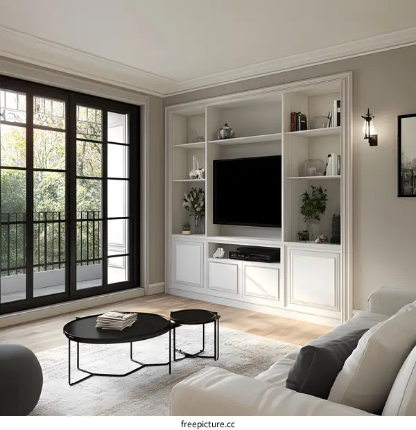 Modern Living Room Interior Design with White Bookshelf and Black Coffee Table