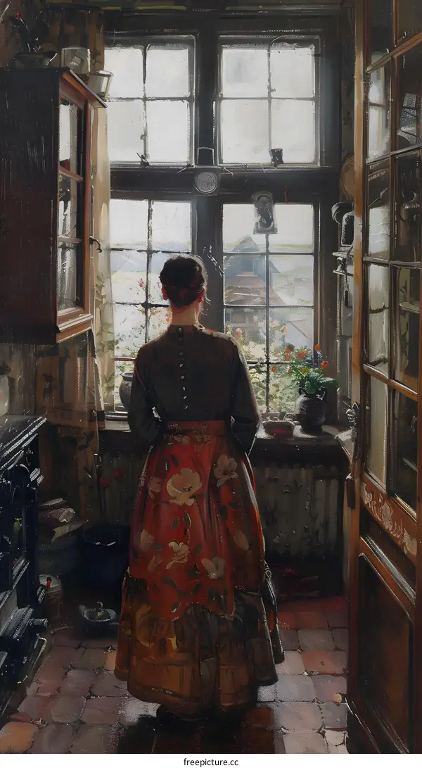 A woman standing in a kitchen looking out the window