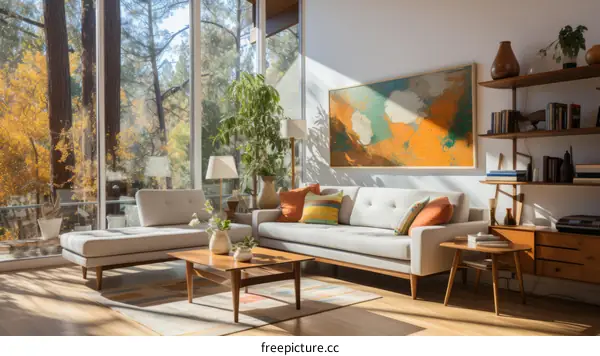 A Mid-Century Modern Living Room with Large Windows