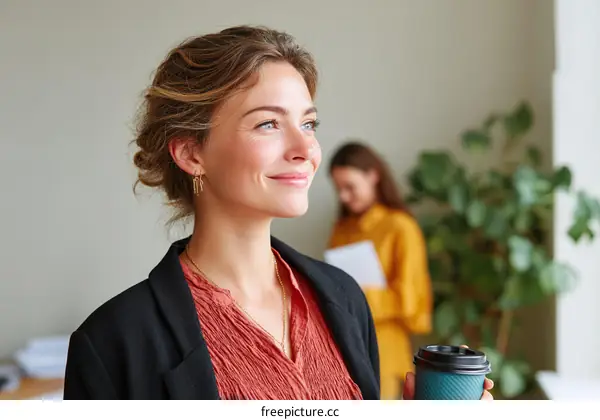 Woman with coffee cup in office setting