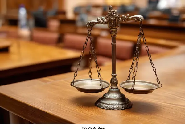 Antique Justice Scales on Wooden Table