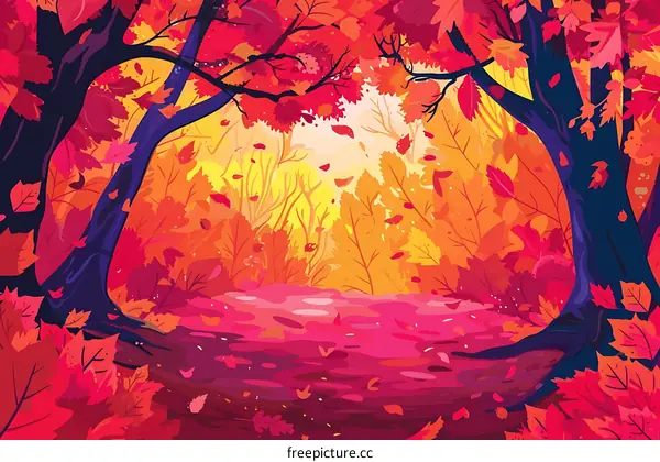 Autumn Forest Illustration With Red And Yellow Leaves