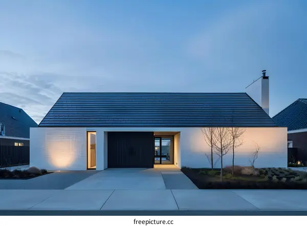 Modern White Brick House with Black Door and Glass Window