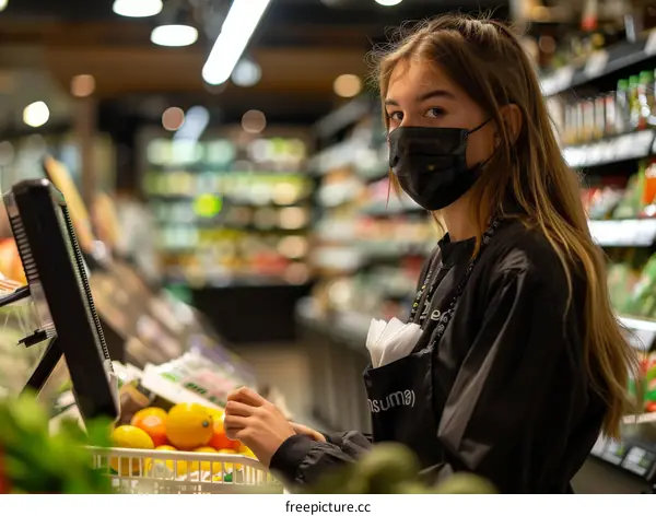 Portrait of a young female supermarket employee wearing a surgical mask