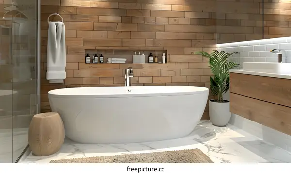 Bathroom design in IKEA style, including bathtub, shower, vanity and towel rack