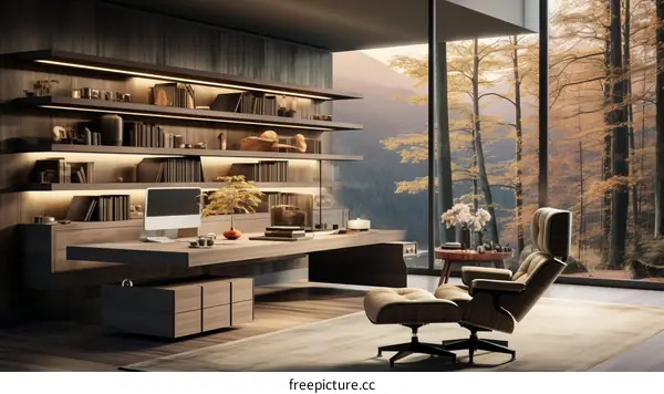 Modern home office with a large window overlooking a forest