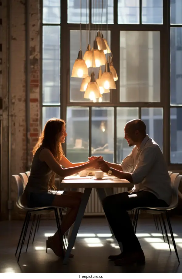 Interracial couple holding hands at a restaurant