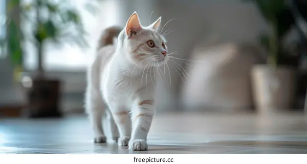 A ginger cat is walking on the wooden floor in the living room