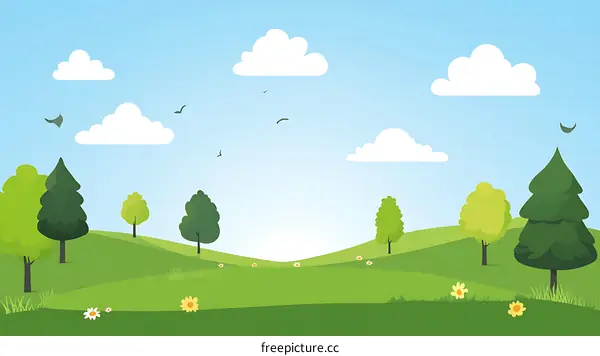 Green Meadow Illustration with Trees and Clouds