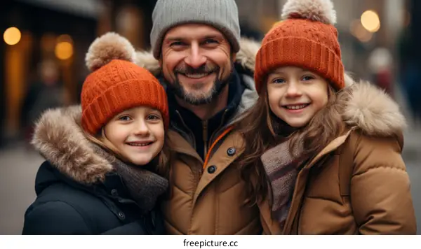 Father and daughters wearing winter clothes