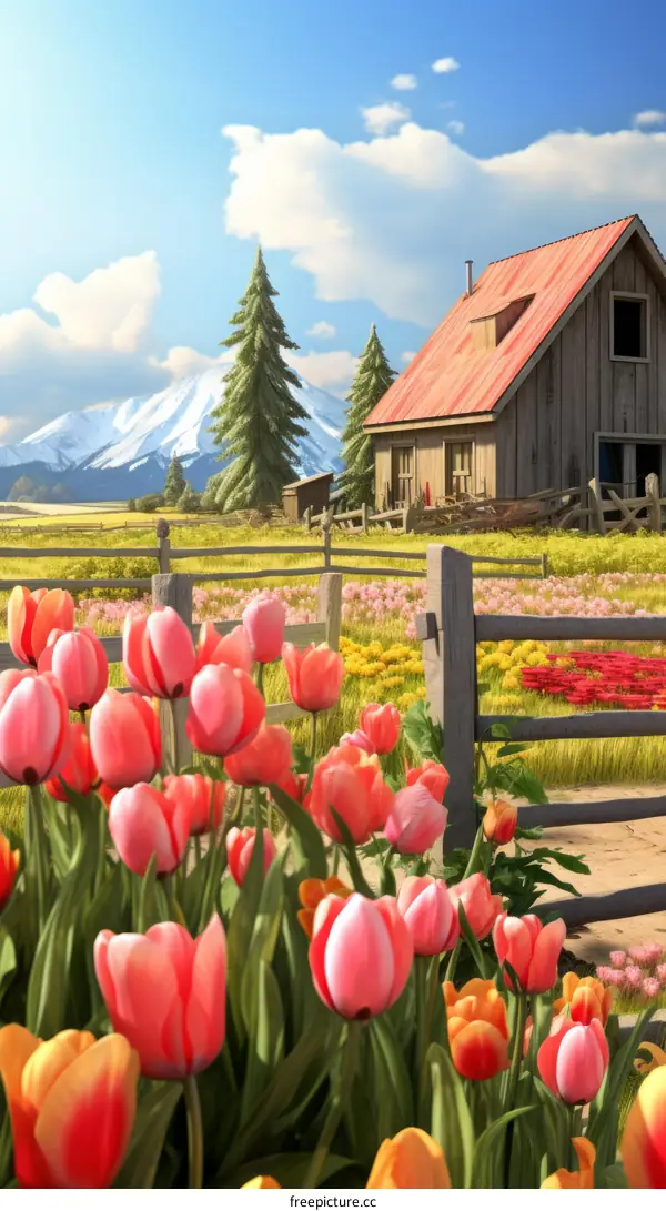 Vibrant springtime landscape with a cottage near snow-capped mountains