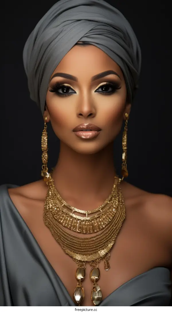 A beautiful dark-skinned woman wearing a gray head wrap and gold necklace