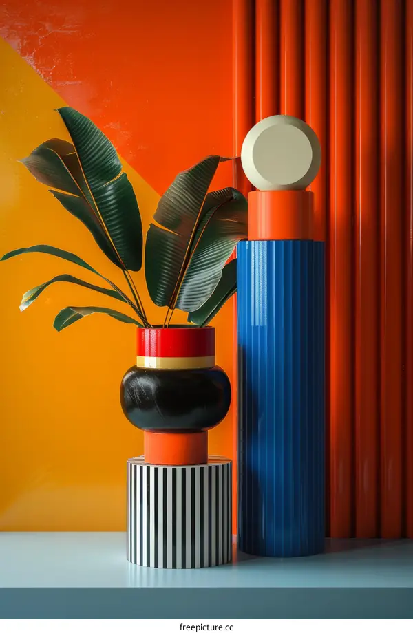 Colorful geometric shapes with tropical plant