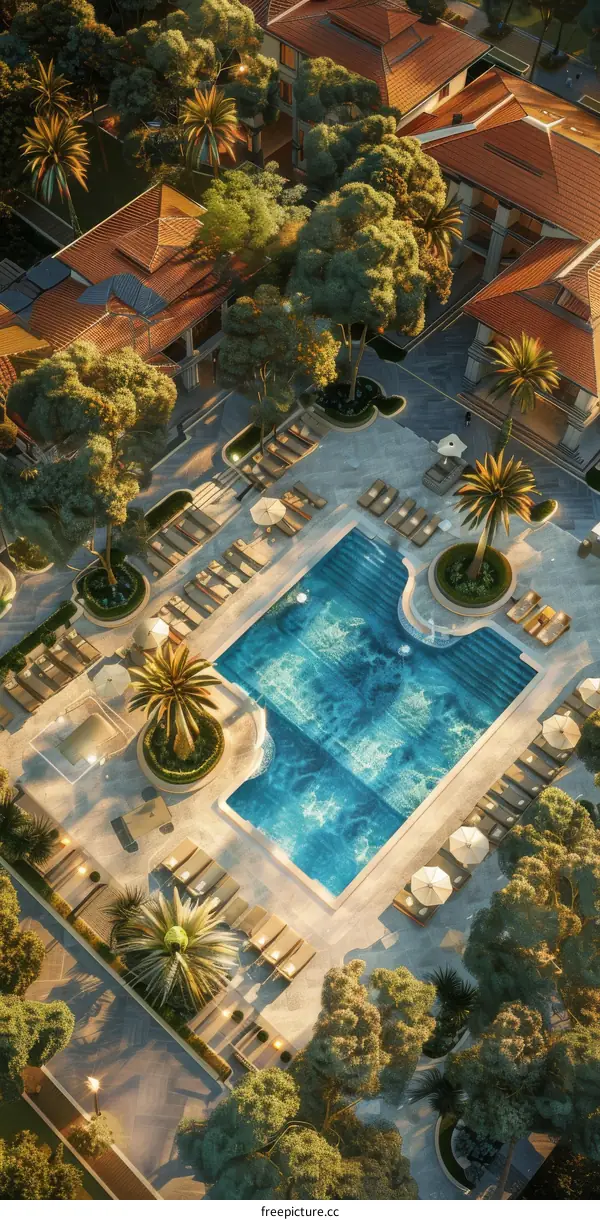 Aerial View of Luxurious Hotel Resort Featuring a Captivating Swimming Pool Oasis