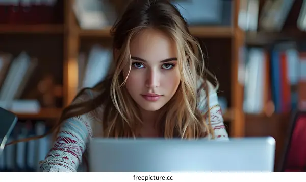 portrait of a beautiful young woman with long blonde hair and blue eyes looking at the camera
