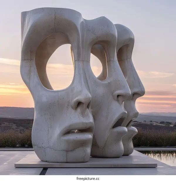 Three Giant Stone Head Sculptures Under Sunset