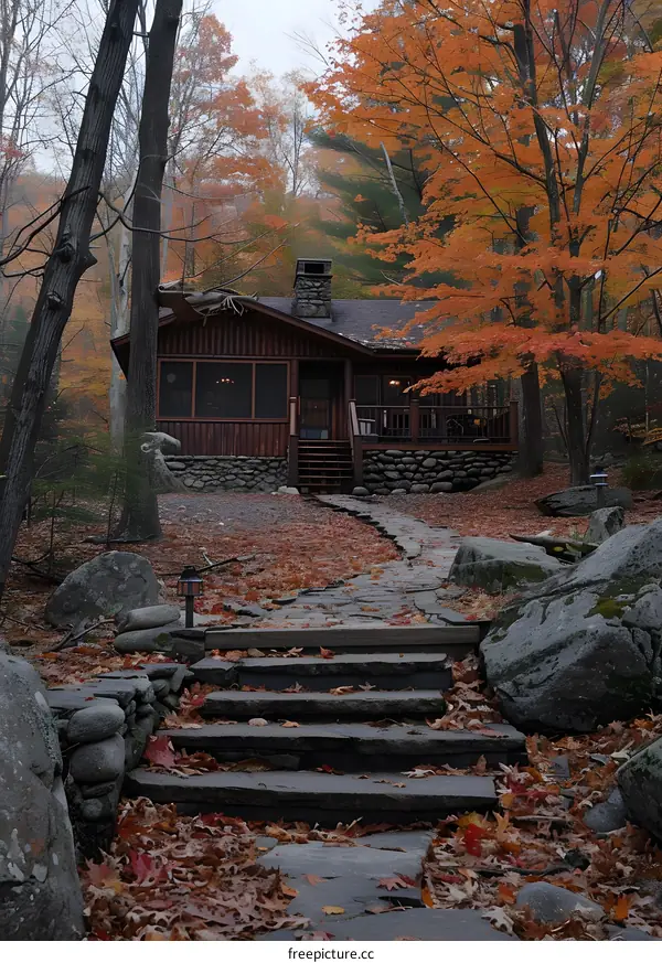 Stone Path Leading to a Cabin in the Woods