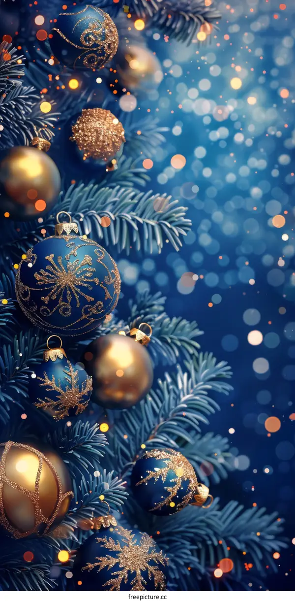 Christmas Decorations in Blue, Gold, Silver, and White