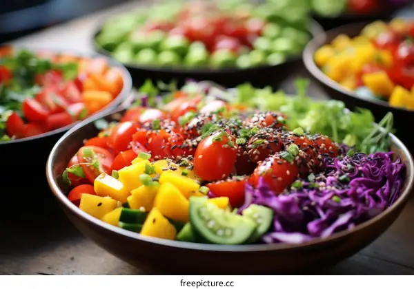 Colorful Salad Ingredients in Wooden Bowls