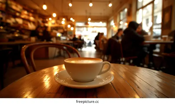Coffee cup on a wooden table in a cafe with people in the background