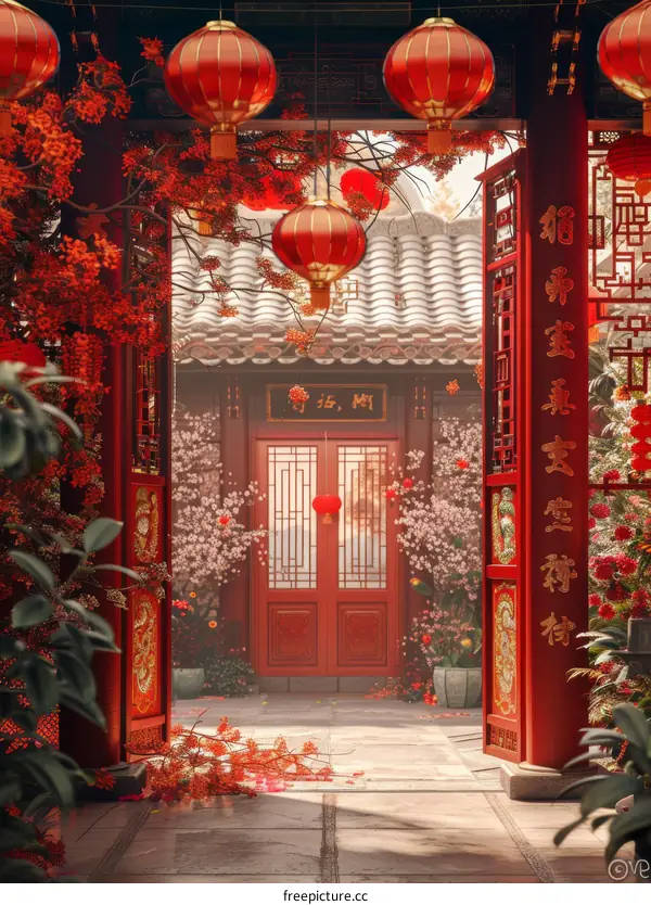 Chinese Courtyard with Red Lanterns and Pink Flowers