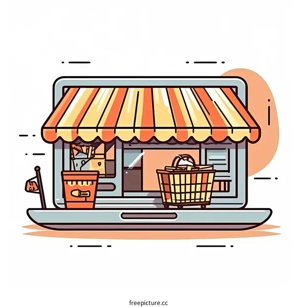 Laptop and Shopping Basket: Online Shopping Concept