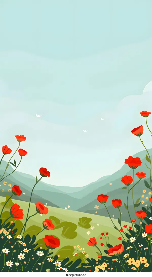Green Meadow with Red Flowers and Mountains