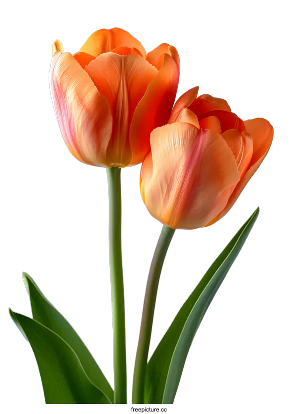 [Transparent Background PNG]Two orange tulips in full bloom against a white background