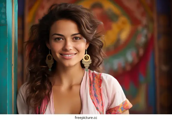 Portrait of a beautiful young woman with long brown hair and brown eyes. She is wearing a pink and white floral shirt and has a warm smile on her face.