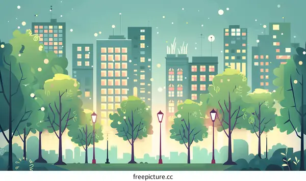 Cityscape with Trees and Streetlights at Night