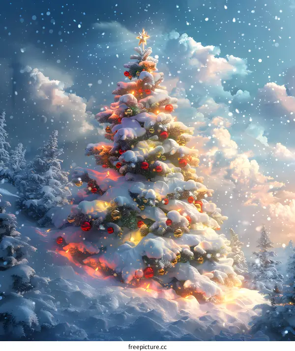 Christmas tree shining in the snow