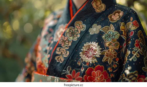 Close-up of a woman wearing a kimono with floral embroidery