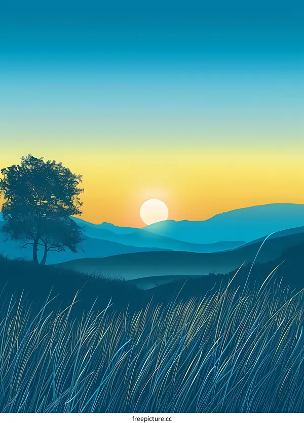 Sunset Landscape Illustration with Silhouette of Tree